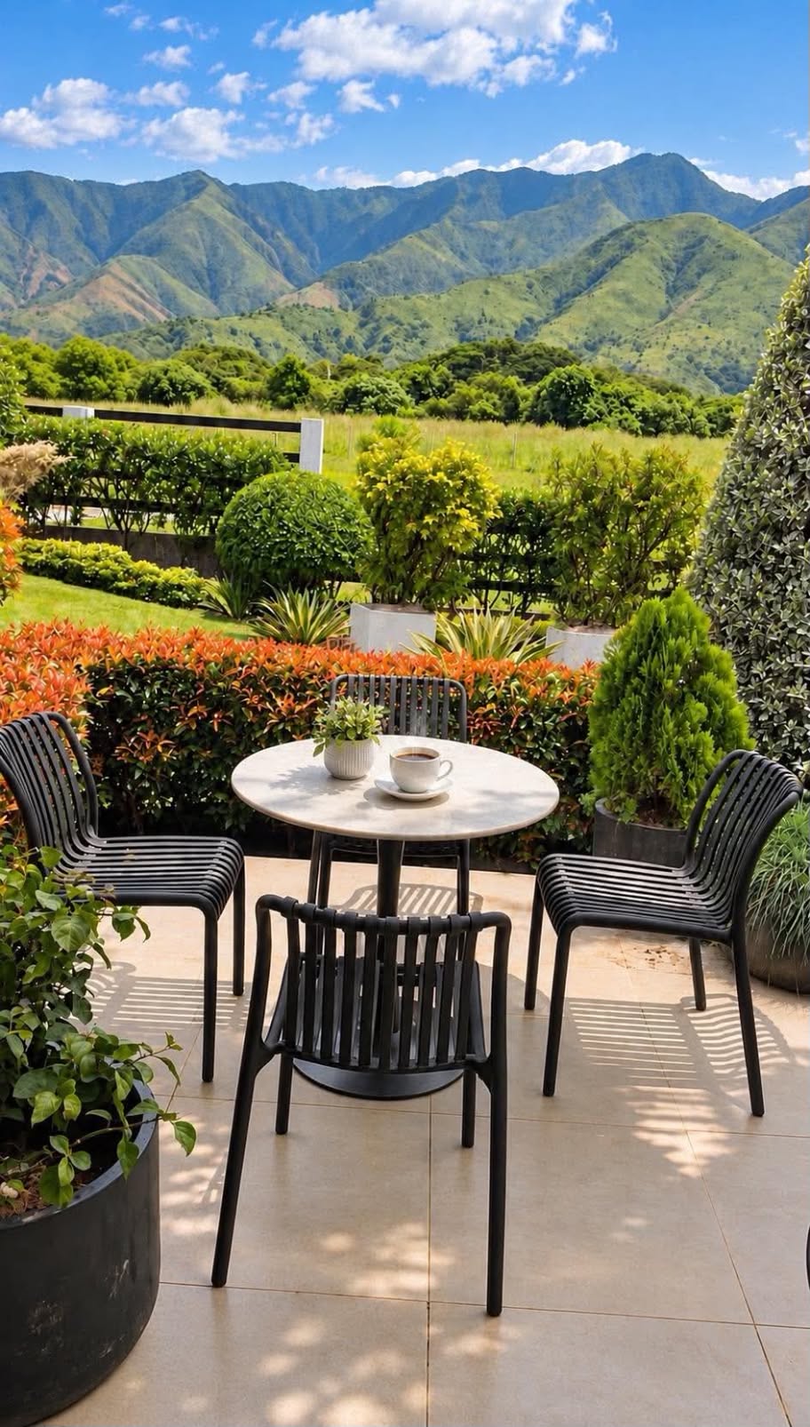 Coffee table and chairs overlooking the mountains