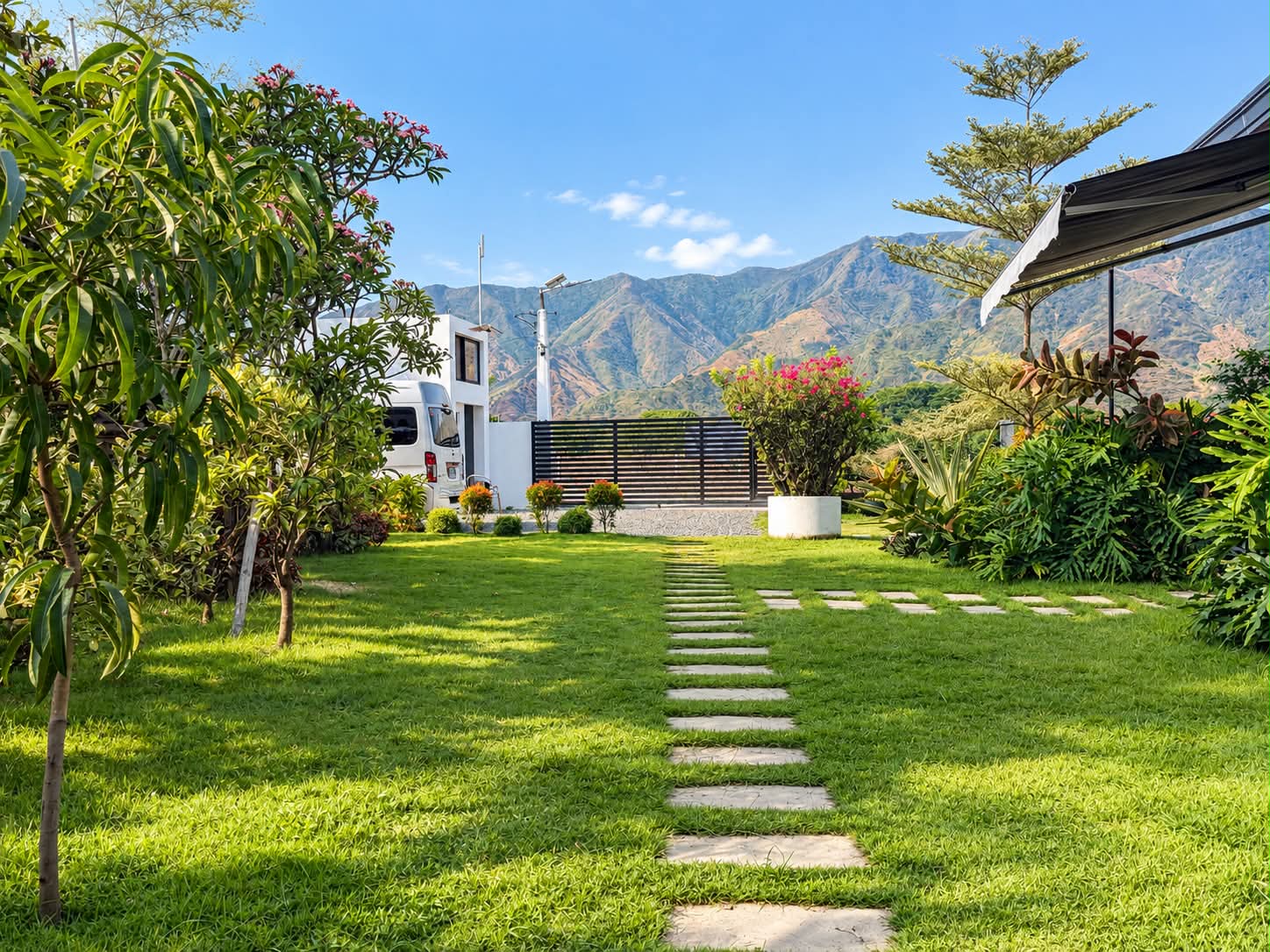 Garden path leading toward the mountain view