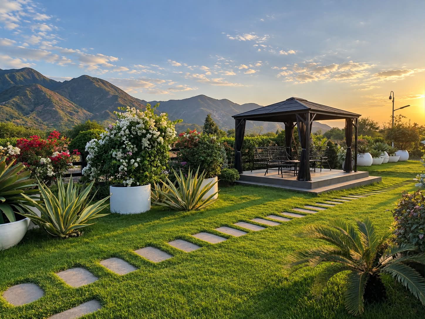 Golden-hour garden, gazebo, and mountains at SanChio Rest House