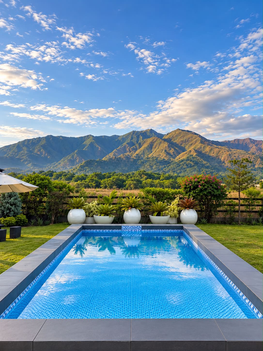 Mountain-facing swimming pool under a bright blue sky