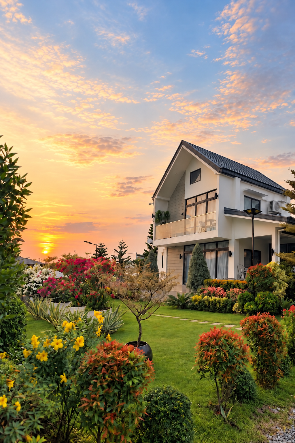 SanChio Rest House and garden at sunset